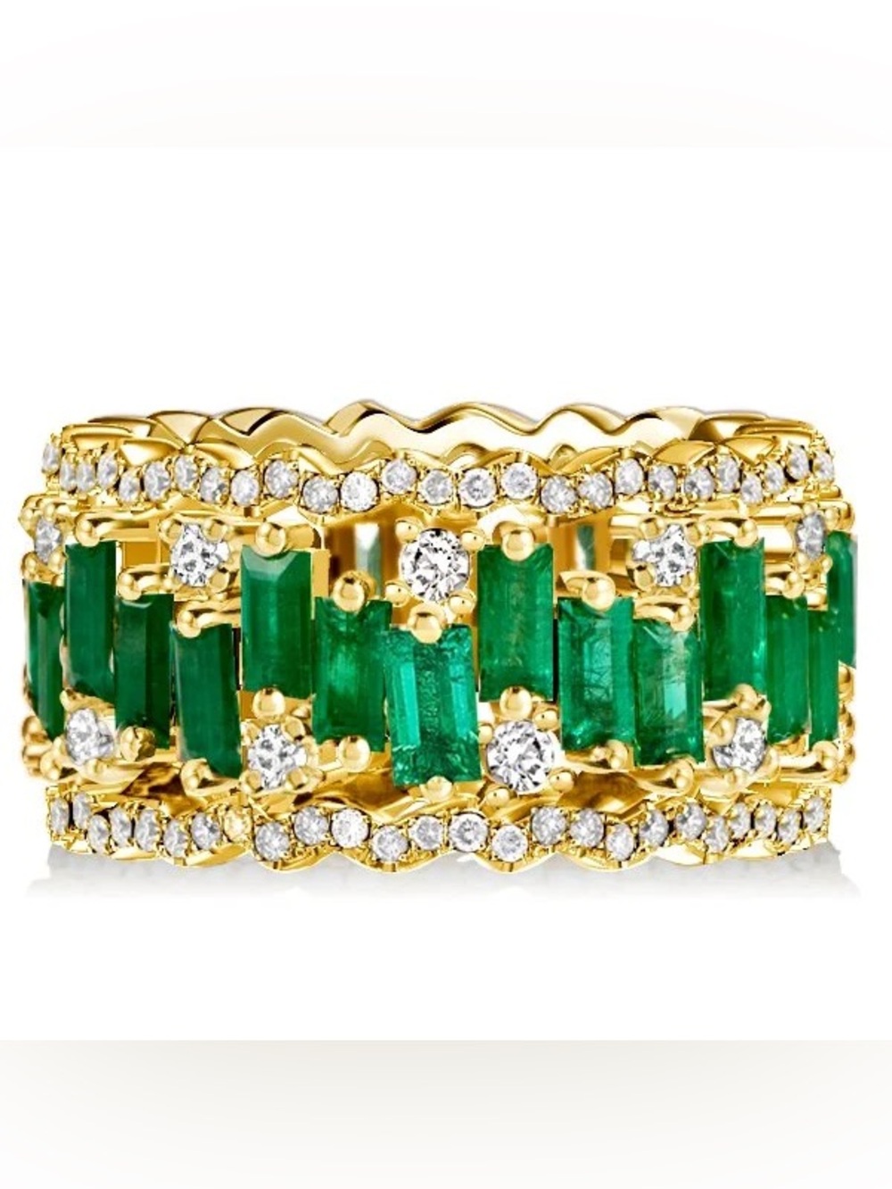Italo Golden Triple Row Baguette Cut Emerald Wedding Band